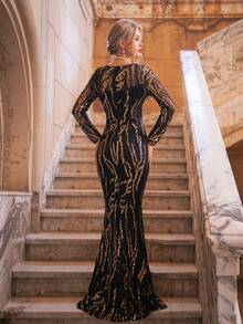 Romagic Round Neck Black & Gold Sequin Elegant Long Evening Gown For Ball - Black - View 8