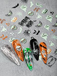 Beauty Sticker 2件組萬聖節螢光美甲貼紙，秋季卡通幽靈骷髏南瓜哥德風自黏式美甲貼花，適合女性萬聖節派對與Cosplay DIY美甲藝術 - 彩色 - 查看 5