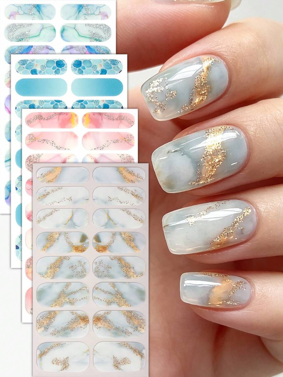 4Pcs Marble-Patterned Nail Wraps, Autumn Gradient Glitter Self-Adhesive Nail Stickers, Easy To Apply, Perfect For Women's Trips DIY Nail Art Stickers. - Multicolor - View 1