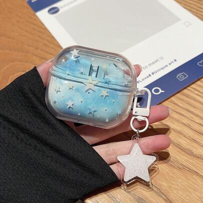 Girl Clear Blue & White Star Transparent Soft Shell Anti-Drop Earphone Case + Star Keychain Pendant Compatible With Samsung Buds Live/Buds Pro/Buds 2/Buds 2 Pro/Buds FE/Buds Core2025/Buds 3/3 Pro/Buds 3 FE/Buds 4/4 Pro Wireless Earphone Protective Cover