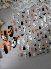 1pc Full‑Size Nail Stickers,5D Embossed Design,Skull Ghost Pumpkin Black Cat Spider Web Bat Pattern,Waterproof Self‑Adhesive,For Halloween Party DIY Nail Art Decorations - Multicolor - View 3