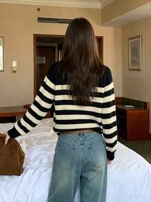 YCYC Solid Color Striped Design Contrast Color Half-Zip Long Sleeve Casual Versatile Sweater For Women - Black and White - View 5