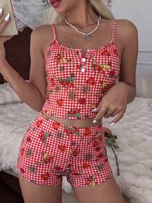 Women's Camisole Pajama Set Plaid Butterfly Ditsy Floral Sexy Camisole Shorts Set - Red - View 1