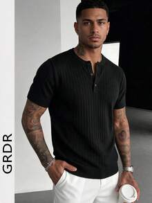 GRDR Men's Classic Ribbed Solid Color Knit Short Sleeve T-Shirt, Suitable For Summer Casual Gatherings - Black - View 5