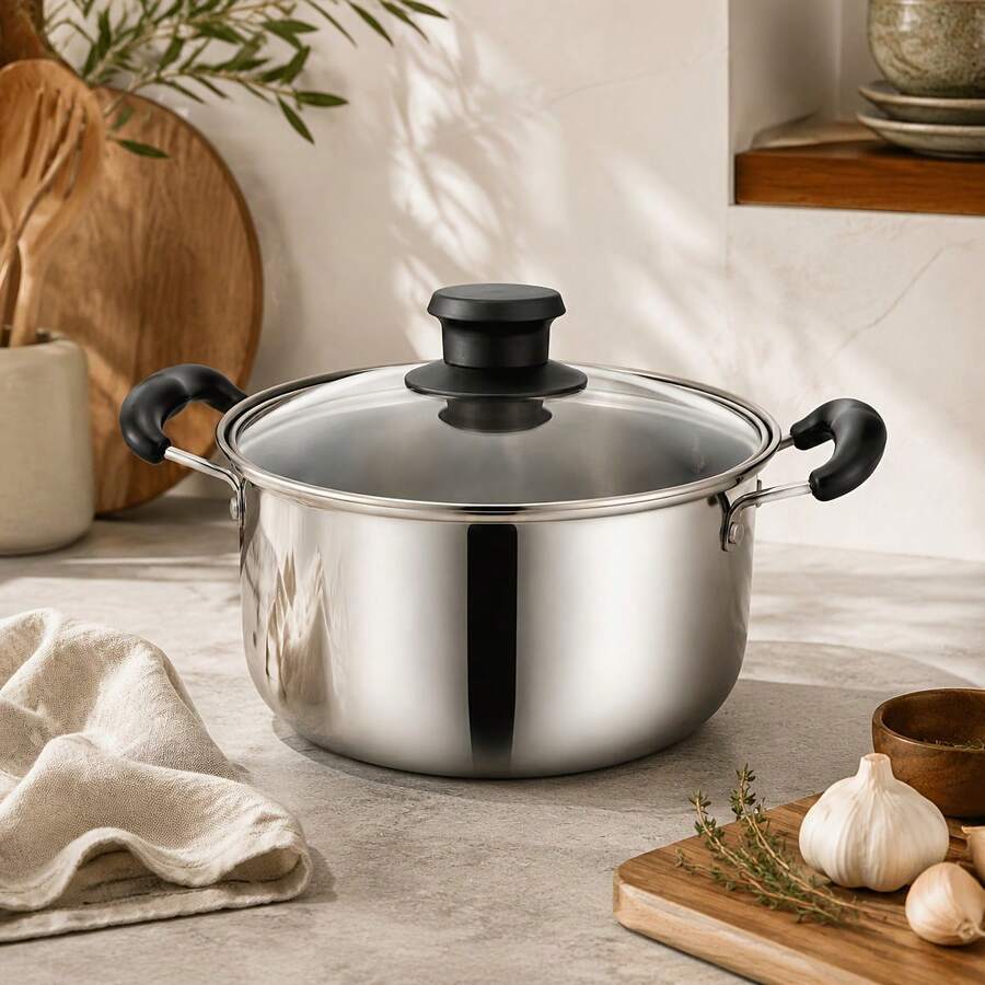 Japanese Minimalist 20cm Soup Pot (1pc) Premium Stainless Steel Modern Style Pot, 7.87 Inch, Heat-Resistant Handle, Dishwasher , Multi-Functional, Daily Kitchen Use, Silver