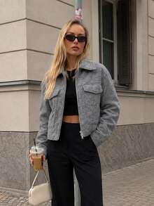 Casual Lapel Zip-Up Short Wool Blend Jacket - Grey - View 4