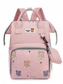1pc Teddy Bear Print Diaper Bag Backpack, Large Capacity Mother Maternity Nappy Bag, Fashionable & Portable, Suitable For Baby Stroller - Pink - View 11