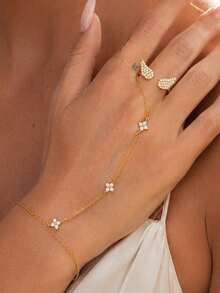 2pcs/Set Women's Niche Premium Angel Wing Open Ring With Connected Bracelet, Street Style Outfit Accessory, Halloween/Christmas Party - Gold - View 3