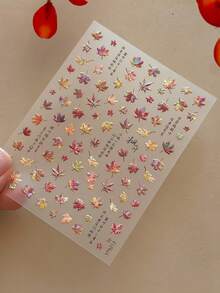 1 Piece Iridescent Shell‑Finish Maple Leaf Nail Sticker, 3D Embossed Polarizing Autumn Fallen Leaves Paired With Chinese Calligraphy Text Self‑Adhesive Nail Art Supply, Autumn‑Vibe Nail Decoration - Multicolor - View 3