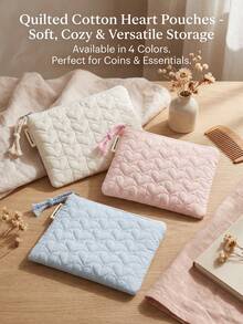 Solid Color Quilted Heart Pattern Zipper Storage Bag, Lightweight Coin Purse, Suitable For Storing Coins, Earphones, Daily Essentials, Etc. - Multicolor - View 1