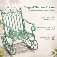 Metal Rocking Chair, Wrought Iron Outdoor Patio Rocker With Decorative Scrollwork, Single Lounge Chair For Garden, Lawn, Porch, Balcony & Backyard Relaxation - A - View 3