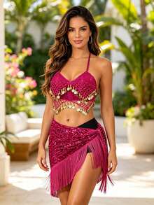 Carnival Dance Metal Disc Halter Chest Ornament, Long Tassel Hip Decor Scarf (Multiple Colors Available) - Multicolor - View 12