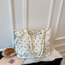 Black Polka Dot Bow Large Capacity Tote Handbag, Multi-Pocket Layered Storage Design, Durable Canvas Material, Simple And Practical For Daily Commute And Travel, Men's Casual Shoulder Storage Bag - Multicolor - View 7