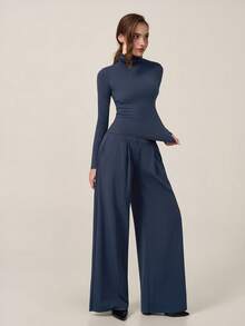TimeOff Setelan Satu Set Wanita Musim Gugur/Dingin, Warna Polos, Minimalis, Premium, Atasan Leher Tinggi Bertumpuk dengan Kantong Samping dan Celana Panjang Lebar - Navy Blue - View 5
