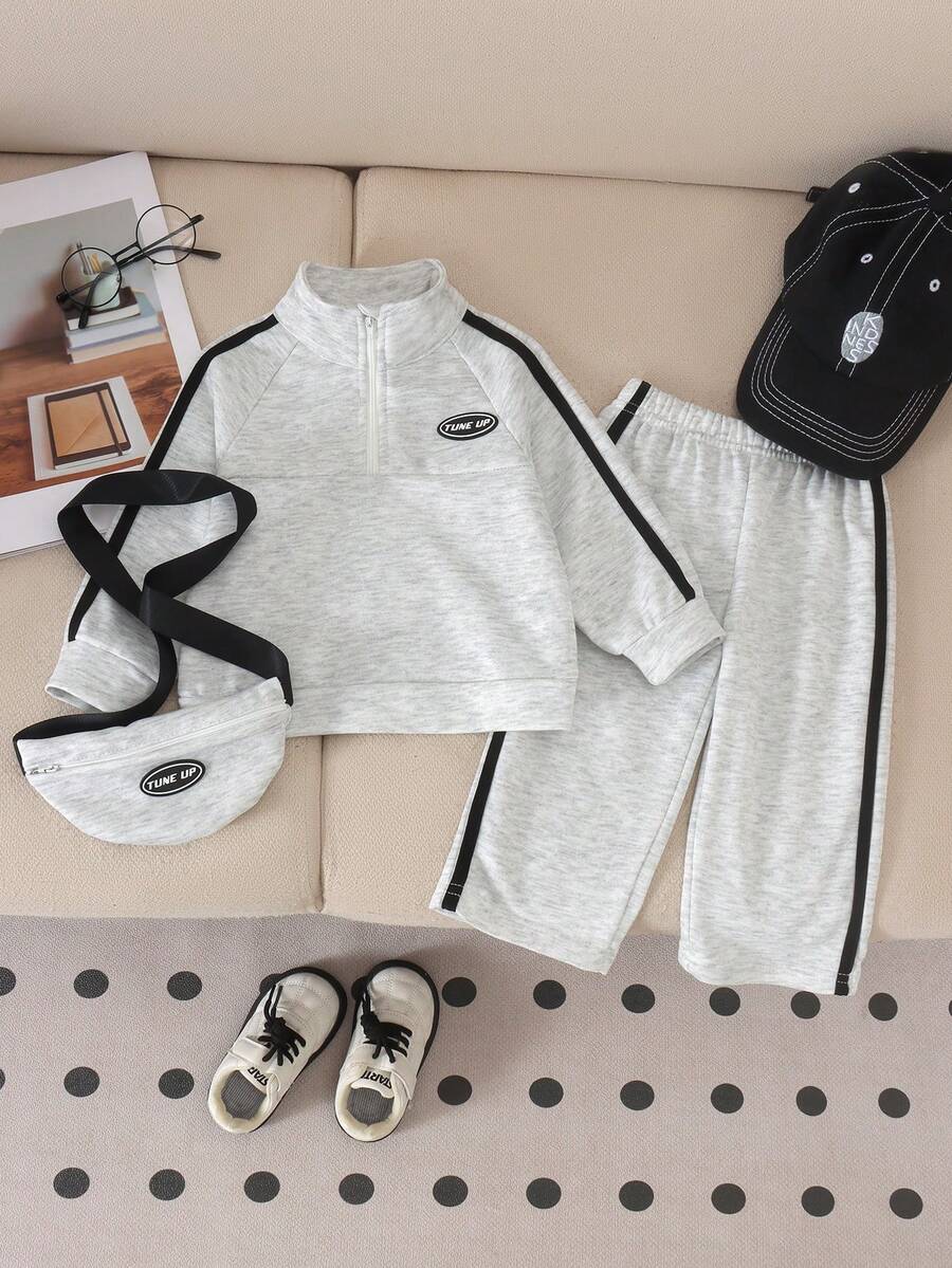 3pcs Baby Boy Casual Sporty Half-Zip Stand Collar Sweatshirt With Side Stripe Contrast Color Sweatpants And Matching Small Crossbody Bag Set For Spring And Autumn - Light Grey - View 1