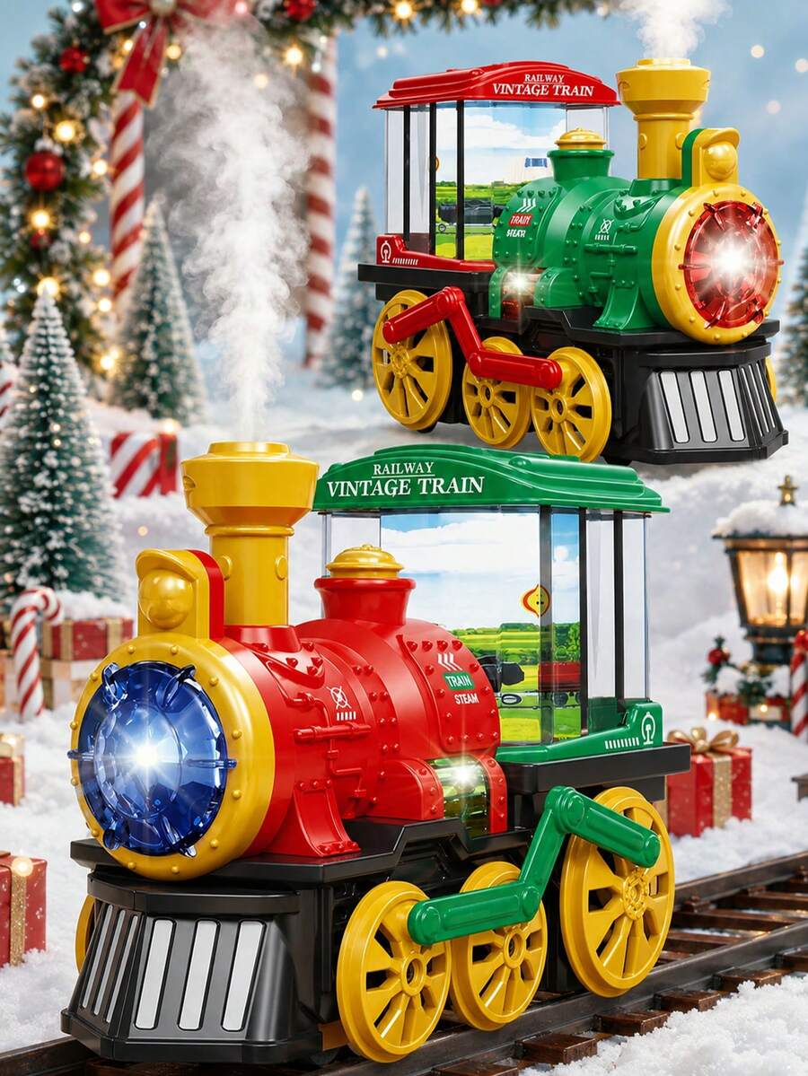 Tren de vapor eléctrico con camión de colisión, con humo, luces y sonidos, juguete de tren de Navidad giratorio 360 grados, adecuado para niños y niñas de 3 a 6 años como regalo de cumpleaños