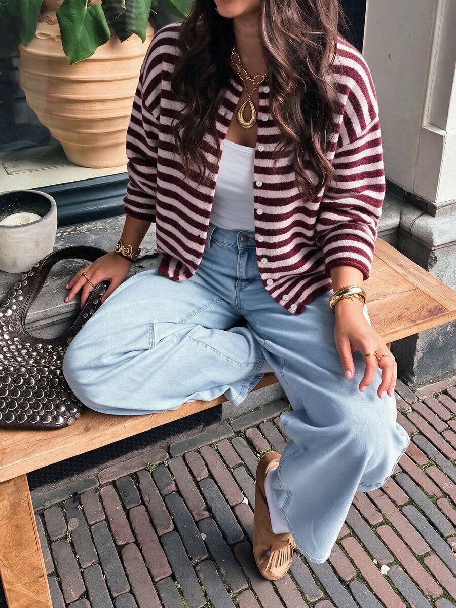 Women's Striped Casual Versatile Daily Outing Cardigan - Peach Pink + Early Red - View 1