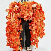 12pcs Extra Long Autumn Maple Leaf Garland, Artificial Red Silk Maple Leaves, Hanging Vines For Thanksgiving Home Wedding Garden Fireplace Porch Decor (Handmade Product, Normal For Some Leaves To Fall Off, Does Not Affect Use) (Due To Shooting Angle And Display Issues, There May Be Slight Color Difference Between Actual Product And Image, Normal Phenomenon, Does Not Affect Use) - Orange - View 1