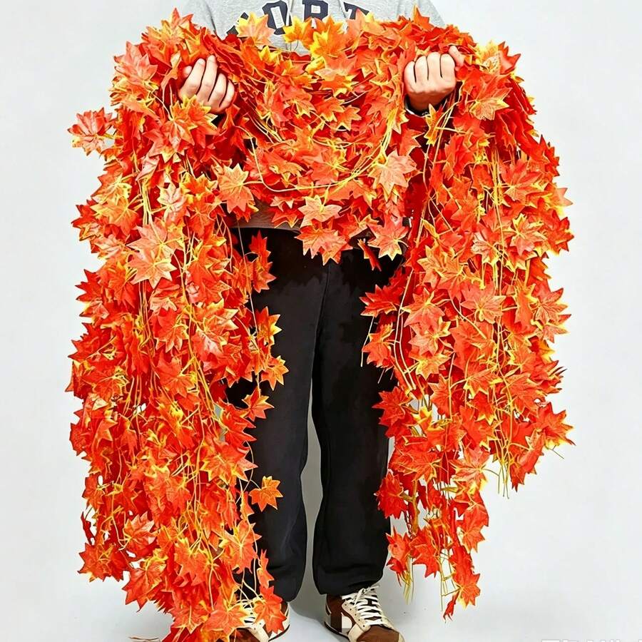 12pcs Extra Long Autumn Maple Leaf Garland, Artificial Red Silk Maple Leaves, Hanging Vines For Thanksgiving Home Wedding Garden Fireplace Porch Decor (Handmade Product, Normal For Some Leaves To Fall Off, Does Not Affect Use) (Due To Shooting Angle And Display Issues, There May Be Slight Color Difference Between Actual Product And Image, Normal Phenomenon, Does Not Affect Use) - Orange - View 1
