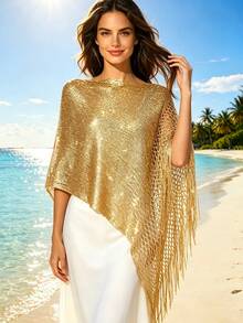 1pc Bohemian Metallic Knit Fringe Shawl, Shiny Lightweight Mesh Fringe Party Evening Cape - Gold - View 4