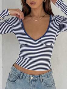 Sexy French Romantic Versatile Deep V-Neck Horizontal Stripe Design Ruched Waist Long Sleeve Top, Spring/Autumn New Arrival, Suitable For Commute, Street, Date, Short Trip - Blue - View 5