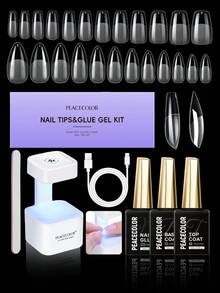 peacecolor Clear Almond Nail Tips Kit, Nail Tips & Nail Glue Gel Set With Mini Portable UV LED Nail Lamp, Base Coat & Top Coat, DIY Nail Extension Manicure For Home Use - Multicolor - View 2