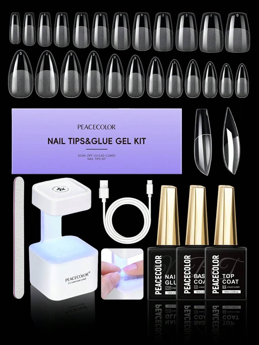 peacecolor Clear Almond Nail Tips Kit, Nail Tips & Nail Glue Gel Set With Mini Portable UV LED Nail Lamp, Base Coat & Top Coat, DIY Nail Extension Manicure For Home Use