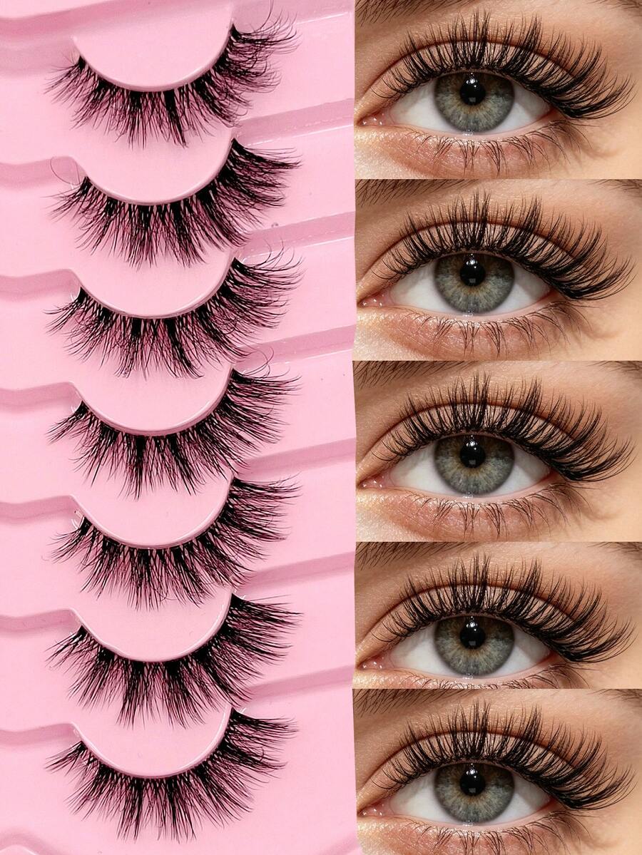 Sibeuna 7 Pairs Natural Clear Stem Faux Mink False Eyelashes, Fluffy & Voluminous Full Strip, Suitable For Daily Eye Makeup, Beginner Friendly - Black - View 1