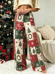 Christmas Print Loose Sweatpants, High Waist Snowflake Tree Wreath Pattern Casual Pants, Women's Holiday Long Pants - Multicolor - View 3