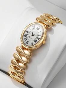 Exquisite Luxury Twisted Alloy Chain Watch, Classic Roman Numeral Oval Dial Versatile Women's Quartz Watch, Gift For Girlfriend (1pc/Set) Watch Box Not Included - Gold - View 10