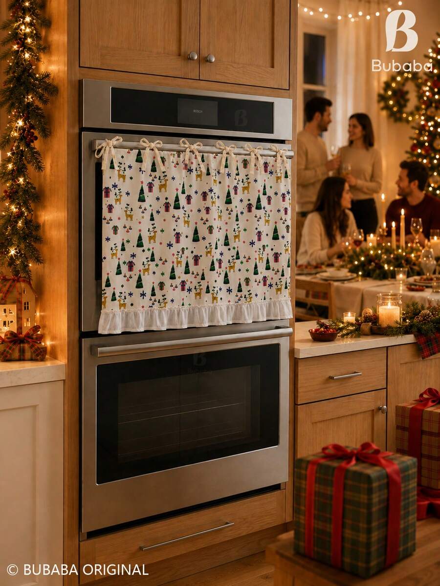 Bubaba Christmas Bowknot Oven Decorative Curtain - Printed With Reindeer, Christmas Tree And Gift Box Patterns, Holiday Style Kitchen Appliance Cover Curtain, Suitable For Oven Door, Cabinet And Small Window, Semi-Transparent Ruffle Edge Decorative Curtain (Due To Fabric Cutting, The Number Of Vertical Embroideries Is Randomly Sent As 5/6) - Christmas Reindeer - View 1