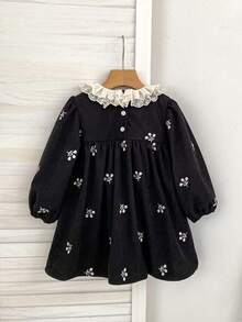 Girls Floral Embroidered Dress, New Spring/Autumn Long Sleeve Lace Peter Pan Collar Princess Dress For Toddlers - Black - View 3
