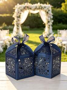 1/3/10/50pcs Laser Cut Gift Boxes With Ribbon And Tag, Wedding Favor Boxes, Party, Baby Shower, Bridal Shower Small Gift Packaging Boxes, Wedding Supplies, Guest Favors, Wedding Reception Decor (Deep Blue) - Navy Blue - View 4