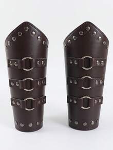 2PCS Medieval Vintage PU Leather Bracers For Men And Women, Rivet Metal Ring Decor Arm Guards Pair, Viking Renaissance Pirate LARP Role Play Wristbands, Halloween Cosplay Costume Accessories - A - View 4
