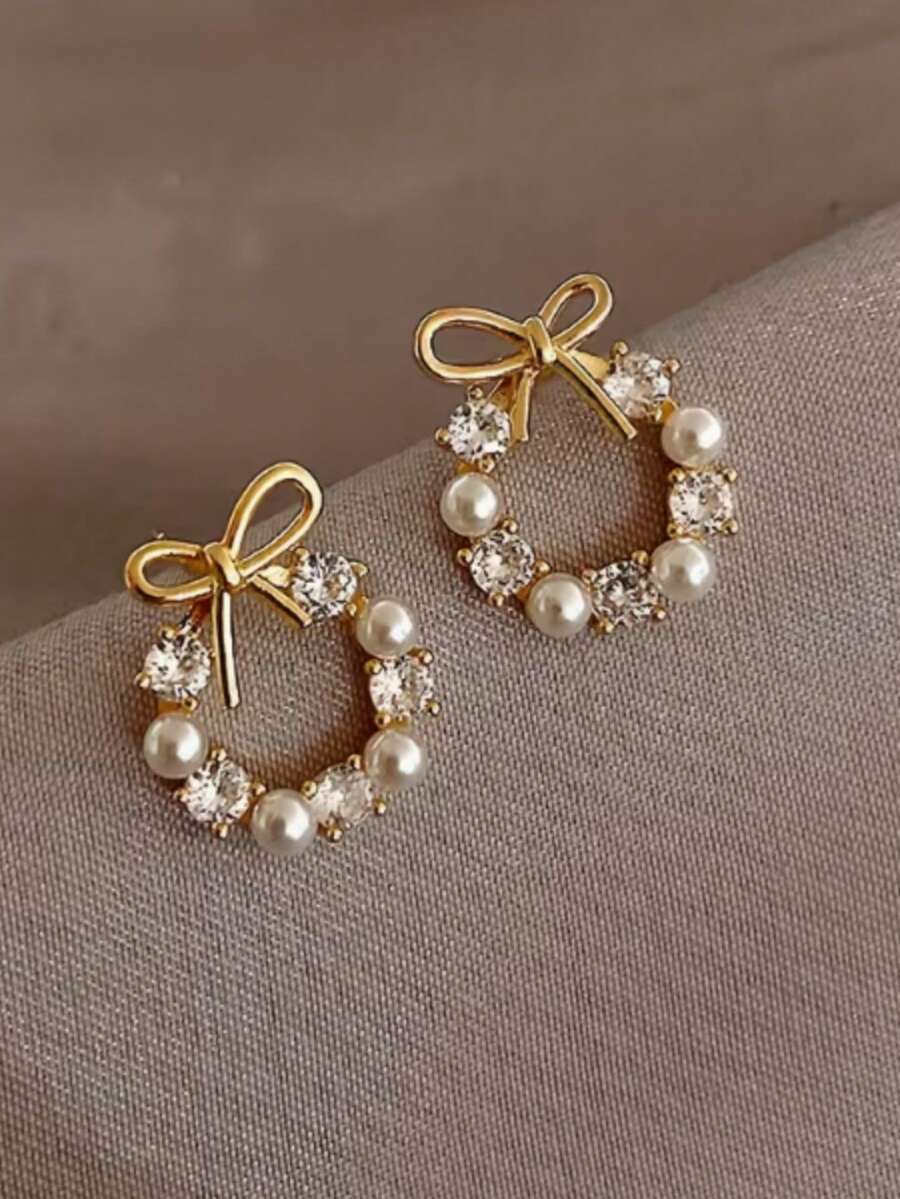 1 Pair Women's Elegant Minimalist Bow Stud Earrings - Suitable For Daily Wear, Parties, All-Year Versatile Bow Inlay, No Coating Maintenance, Office, Special Occasions - Multicolor - View 1