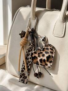 1pc,Leopard Print Heart Bag Charm, Y2K Vintage Keychain With Bow Ribbon, Cute Carabiner Pendant For Handbags, Backpacks & Everyday Accessories - Multicolor - View 1