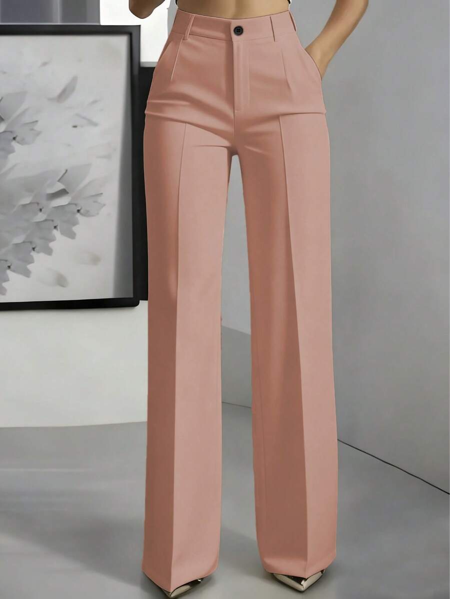 Women's High Waist Pockets Straight Leg Commuter Solid Color Button Zipper Pants Pink Spring - Pink - View 1
