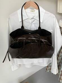Classic Coffee Textured Tote Bag, Handheld & Shoulder Carry, Open Top, Large Capacity, Minimalist Luxury Style, Women's Daily Commute & Shopping Tote Bag - Coffee - View 5