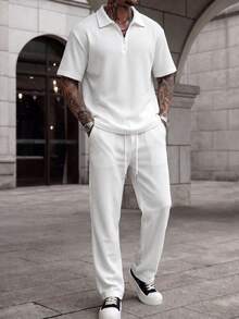 Men's Waffle Texture Turn-Down Collar Half-Zip Short Sleeve Polo & Drawstring Straight Leg Pants 2-Piece Set, Fashion Casual Everyday - White - View 5