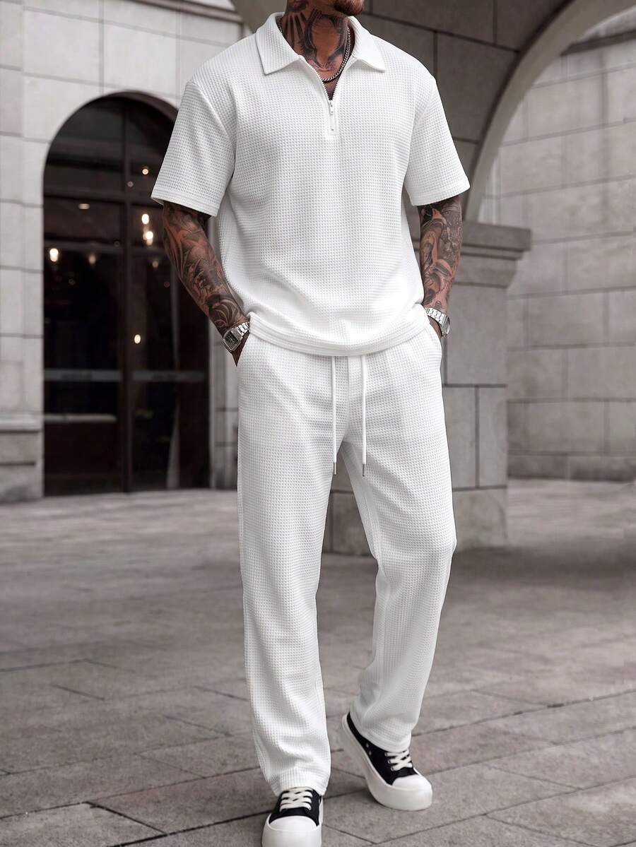 Men's Waffle Texture Turn-Down Collar Half-Zip Short Sleeve Polo & Drawstring Straight Leg Pants 2-Piece Set, Fashion Casual Everyday - White - View 1