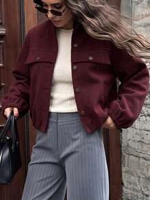 Vintage Wool Pocket Jacket Women Stand Collar Metallic Cropped Fall Winter Fashion - Wine Red - View 3