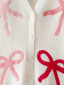 Girls Cute Colorful Bow V-Neck Knitted Cardigan Sweater, Suitable For Daily Casual Wear, Vacation, Spring, Autumn, Winter - Apricot - View 6