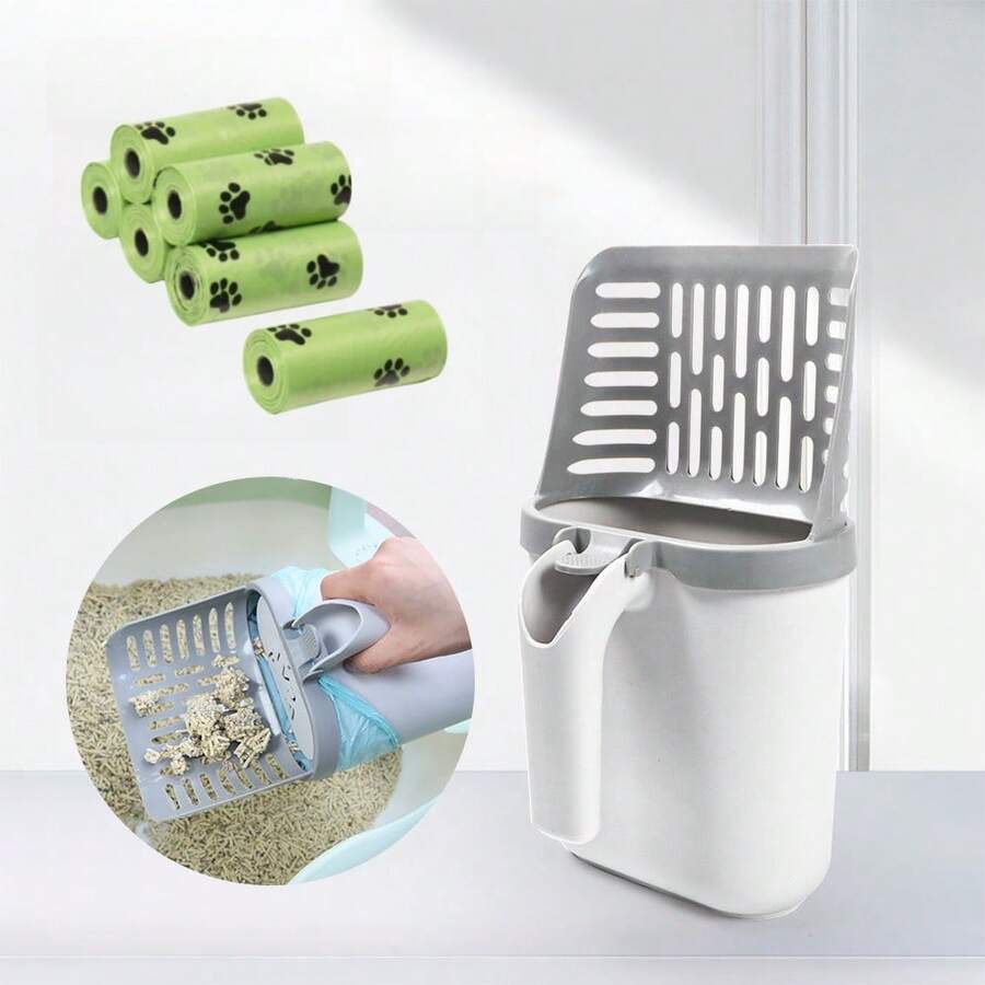 [Hot Seller]Cat Litter Scoop With Detachable Trash Bag Holder - Durable Plastic Scoop With Baffle, Easy To Clean Litter Box - Suitable For All Cat Breeds (Random Trash Bag Style)