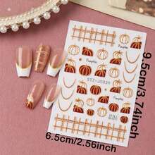 2 Sheets Fall Pumpkin Nail Stickers - Golden Glitter Plaid & French Tip Design, Autumn Nail Art Decals For DIY Manicure, Women & Girls - Orange - View 4