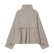 Women's Plaid High Collar Jacket, Elegant Button Front Casual Loose Fit Outerwear Suitable For Autumn Spring - Light Grey - View 7