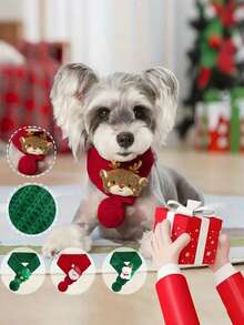 1pc Customized Knitted Winter Pet Christmas Scarf With Pom Pom, Soft & Warm Cat Dog Shawl, Red & Green Color With White Trim, Machine Washable Filled, Suitable For Small & Medium Pets, New Year Pet Neck Accessory, Cat Christmas Decoration - Multicolor - View 4