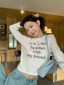 Korean Style White Lace Backless Shoulder Long Sleeve T-Shirt Women Autumn Short Design Top - White - View 6