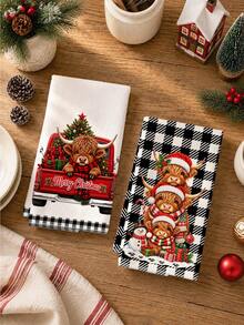 2pcs Christmas Black Plaid 3 Highland Cows Wearing Santa Hats Pattern Kitchen Towels, Soft Polyester Material Dish Cloths, Suitable For Kitchen Decor, Kitchen Cleaning, Holiday Party Decoration, Kitchen Bathroom Supplies Home Essentials, Home Decor, Housewarming Gift - Multicolor - View 6