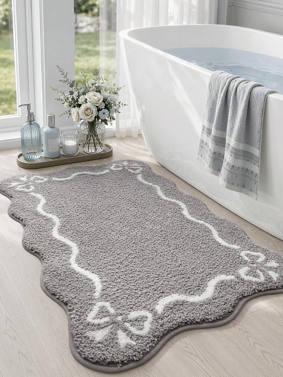 DAJIANG 1pc Bathroom Floor Mat Carpet, Flocked Soft Touch, Light Gray Bowknot Design, Non-Slip Bottom, Suitable For Kitchen, Outdoor, Indoor, Hallway, Bedroom, Living Room, Bedside, Machine Washable And Easy To Clean, Fall Home Decor - Light Grey - View 1