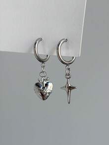 1 Pair Stainless Steel Punk Silver Star Hoop Earrings, Fashionable Accessories Suitable For Women's Daily Wear - Silver - View 19